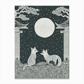 A Mystical Scene Of Fox Spirits In A Moonlit Shrine Canvas Print