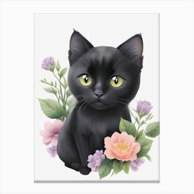 Black Cat With Flowers 2 Canvas Print