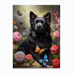 Black Dog With Butterflies Canvas Print