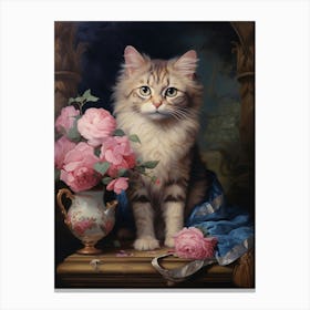 Blue & Pink Rococo Style Painting Of A Cat 1 Canvas Print
