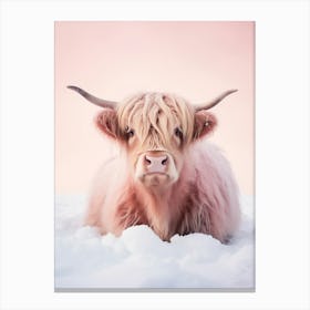 Pink Highland Cow Lying In The Snow 1 Canvas Print