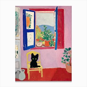 Black Cat And An Open Window With A Yellow Chair Canvas Print
