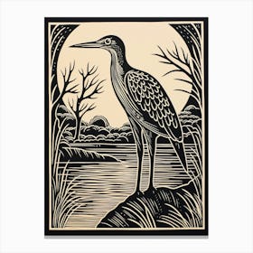 B&W Bird Linocut Green Heron 3 Canvas Print