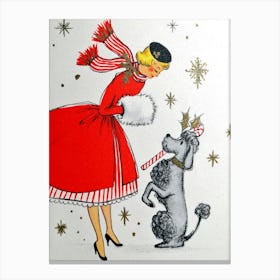 Woman In Red Holiday Dress And A Sweet Dog Canvas Print