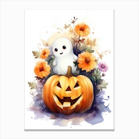 Cute Ghost With Pumpkins Halloween Watercolour 90 Canvas Print