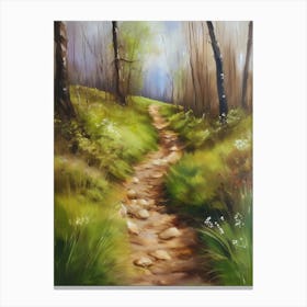 Path In The Woods.Canada's forests. Dirt path. Spring flowers. Forest trees. Artwork. Oil on canvas.16 Canvas Print