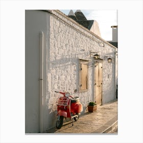 Parked red Vespa Italian street | Alberobello | Italy Canvas Print