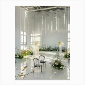 Modern White Space With A White Wooden Structure At The Top, A Sunroom, Transparent Windows, Minimalist Style Lighting Fixtures With White Candles On Top And Black Art Chairs Surrounding The White Floor Lienzo