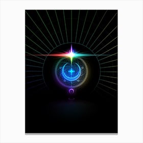 Neon Geometric Glyph in Candy Blue and Pink with Rainbow Sparkle on Black n.0425 Canvas Print