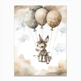 Baby Donkey Flying With Ballons, Watercolour Nursery Art 2 Canvas Print
