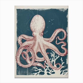 Detailed Octopus On The Ocean Floor Linocut Inspired 6 Canvas Print