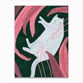 Cat In Pink Leaves Canvas Print