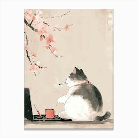 Cat With Cherry Blossoms 1 Canvas Print