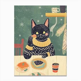 Black Cat Having Breakfast Folk Illustration 4 Canvas Print