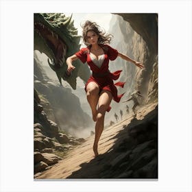 Sexy girl running with dragons. Canvas Print