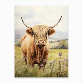 Highland Cow With Rolling Hills Watercolour 4 Canvas Print