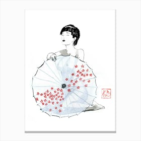 Geisha Nude Behind Umbrella 02 Canvas Print