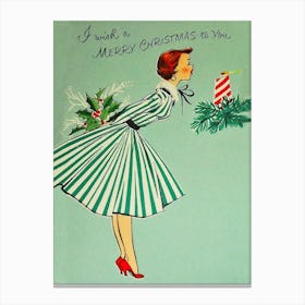 Vintage Christmas Poster, Young Woman Is Making A Wish Canvas Print