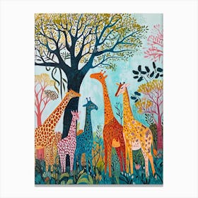 Cute Giraffe Herd Under The Trees Illustration 1 Canvas Print