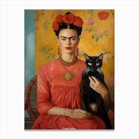 Frida Kahlo Portrait With Black Cat Canvas Print