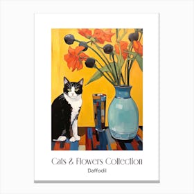 Cats & Flowers Collection Daffodil Flower Vase And A Cat, A Painting In The Style Of Matisse 4 Canvas Print