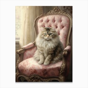 Cat on A Fancy Chair, Funny, Pink Pastel Colors Canvas Print