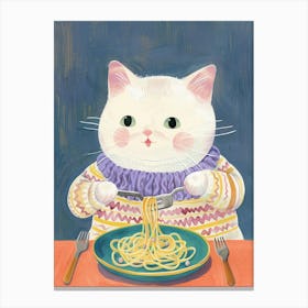 White Cat Pasta Lover Folk Illustration 2 Canvas Print