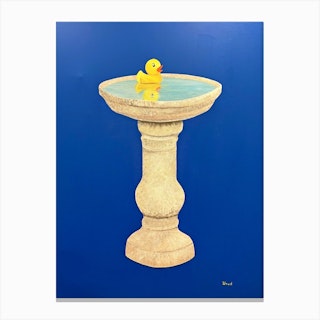 A Bird's Bath Rubber Ducky In A Fountain Canvas Print