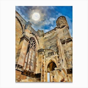 Stone Archway and Tower in Narbonne. The image captures a low-angle view of a weathered stone building with a prominent archway and a tower. The sun shines brightly in the blue sky, casting a warm glow on the aged stonework. The archway leads to a shadowy interior, while the tower stands tall against the clouds. Canvas Print