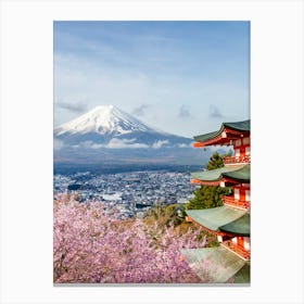 Mount Fuji With Pagoda During Cherry Blossom Canvas Print