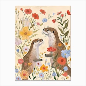 Folksy Floral Animal Drawing Otter 3 Canvas Print