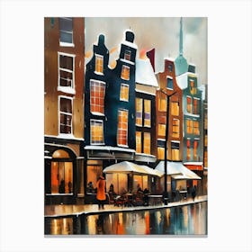 Amsterdam cafes, winter season, winter oil colors, pedestrians in the street, winter clothes, rain falling, Amsterdam print, Netherlands print, travel gift, Netherlands poster.96 Canvas Print