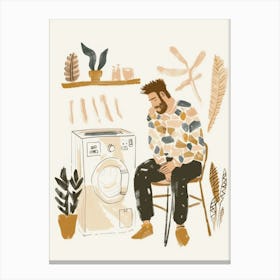 Man Sitting In Front Of Washing Machine Canvas Print