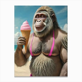 Gorrila Eats Pink Ice Cream On The Beach Canvas Print