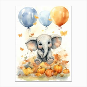 Elephant Flying With Autumn Fall Pumpkins And Balloons Watercolour Nursery 2 Canvas Print