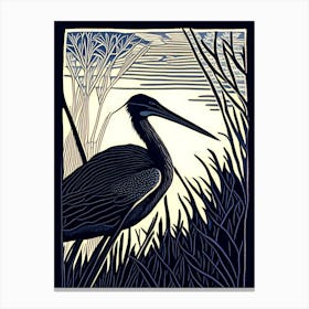 Black Heron Vintage Linocut 2 Canvas Print