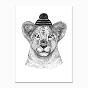 Kid Lion In Winter Hat Canvas Print
