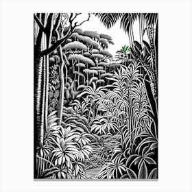 Penang Botanic Gardens, 1, Malaysia Linocut Black And White Vintage Canvas Print