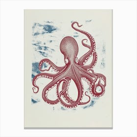 Octopus In The Ocean With Coral Linocut Inspired 2 Canvas Print