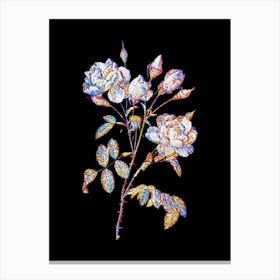 Stained Glass Vintage White Rose Mosaic Botanical Illustration on Black n.0206 Canvas Print