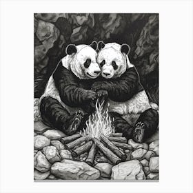 Giant Pandas Sitting Together By A Campfire Ink Illustration 2 Canvas Print