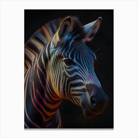 A stunning close-up of a zebra's head with vibrant, iridescent stripes illuminated in a spectrum of colors against a dark background. Canvas Print