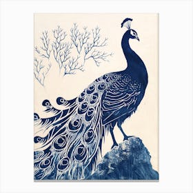 Peacock On A Rock Linocut Inspired 3 Canvas Print