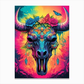 Floral Bull Skull Neon Iridescent Painting (19) Canvas Print