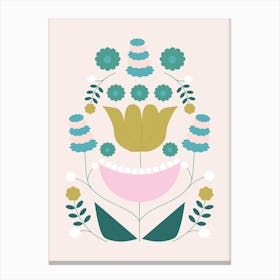 Mustard Pink And Green Retro Flower Composition Canvas Print