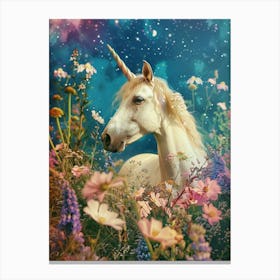 Floral Unicorn In Space Retro Collage 2 Canvas Print