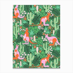 Kangaroos in a Cactus Jungle Red, Pink, Green Kids Canvas Print