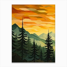 Green Sun Forest Mountain Painting Triptych 1 Canvas Print