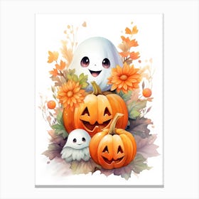 Cute Ghost With Pumpkins Halloween Watercolour 106 Canvas Print