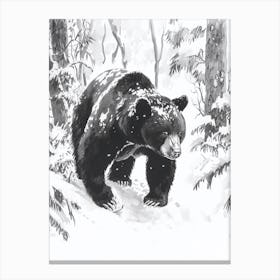 Malayan Sun Bear Walking Through A Snow Covered Forest Ink Illustration 1 Canvas Print